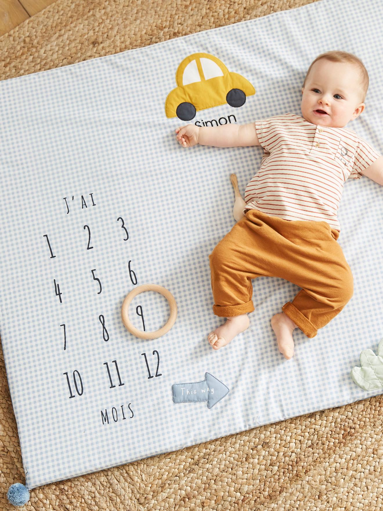 Vertbaudet Baby Meilenstein-Decke aus Musselin „Simons Auto“