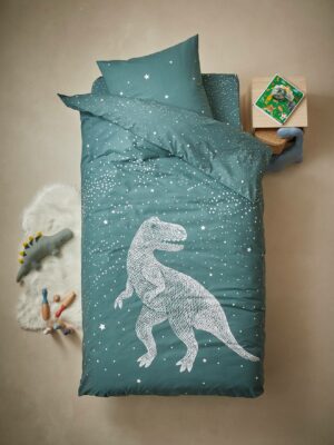 Vertbaudet Kinder Bettwäsche-Set „Graphic Dino“ mit Leuchtsternen Oeko-Tex
